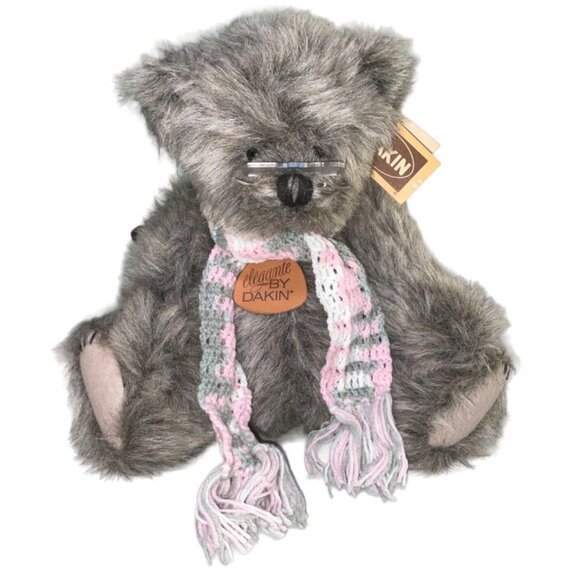 Elegant Plush Teddy Bear By Dakin With Glasses & Knit Scarf Gray Fur 12 Inch Col - Picture 1 of 12
